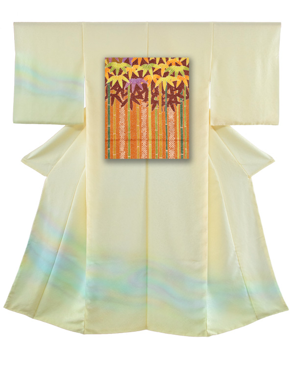 ①訪問着と袋帯-竹（橙）