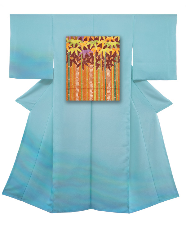 ②訪問着と袋帯-竹（橙）