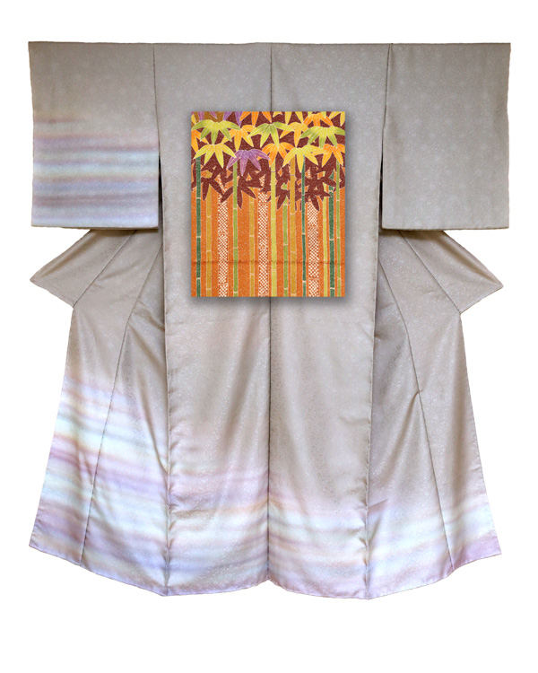 ④訪問着と袋帯-竹（橙）