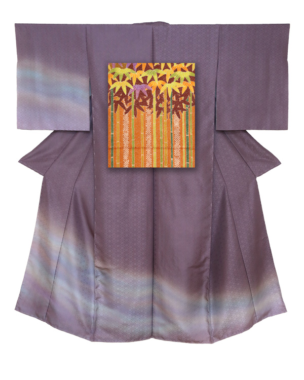 ⑤訪問着と袋帯-竹（橙）