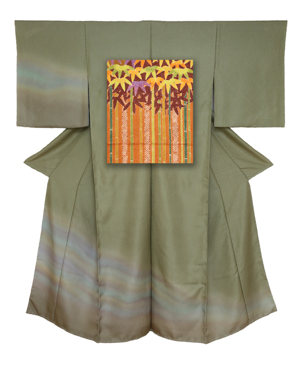 ⑥訪問着と袋帯-竹（橙）